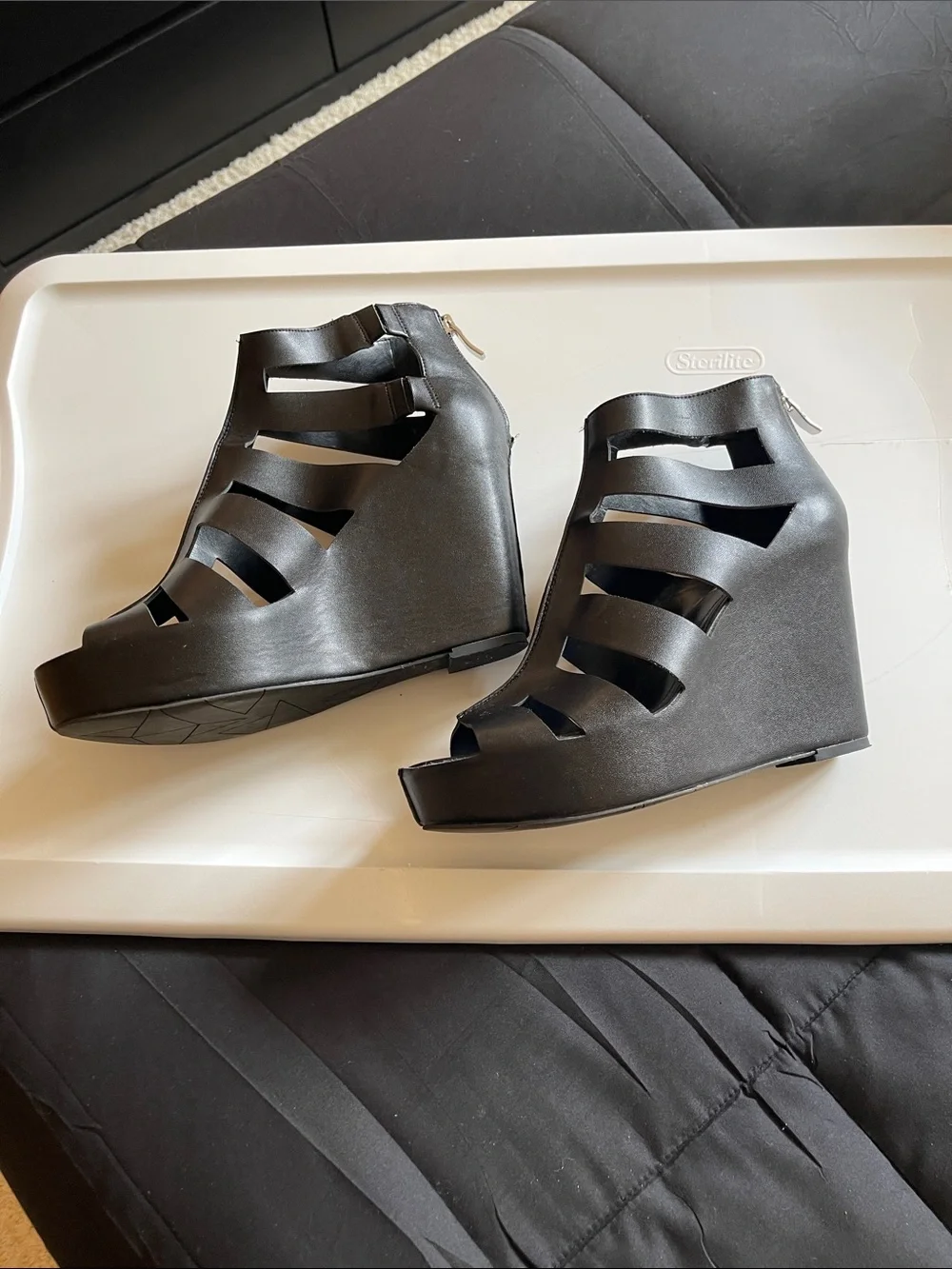 BCBGeneration Black Strappy Cutout Wedge Sandals